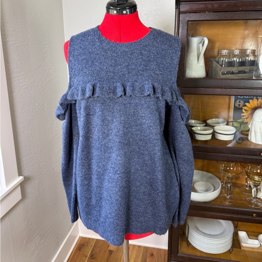 LOFT Navy Sweater Cold Shoulder Ruffle Trim Soft Knit Size L